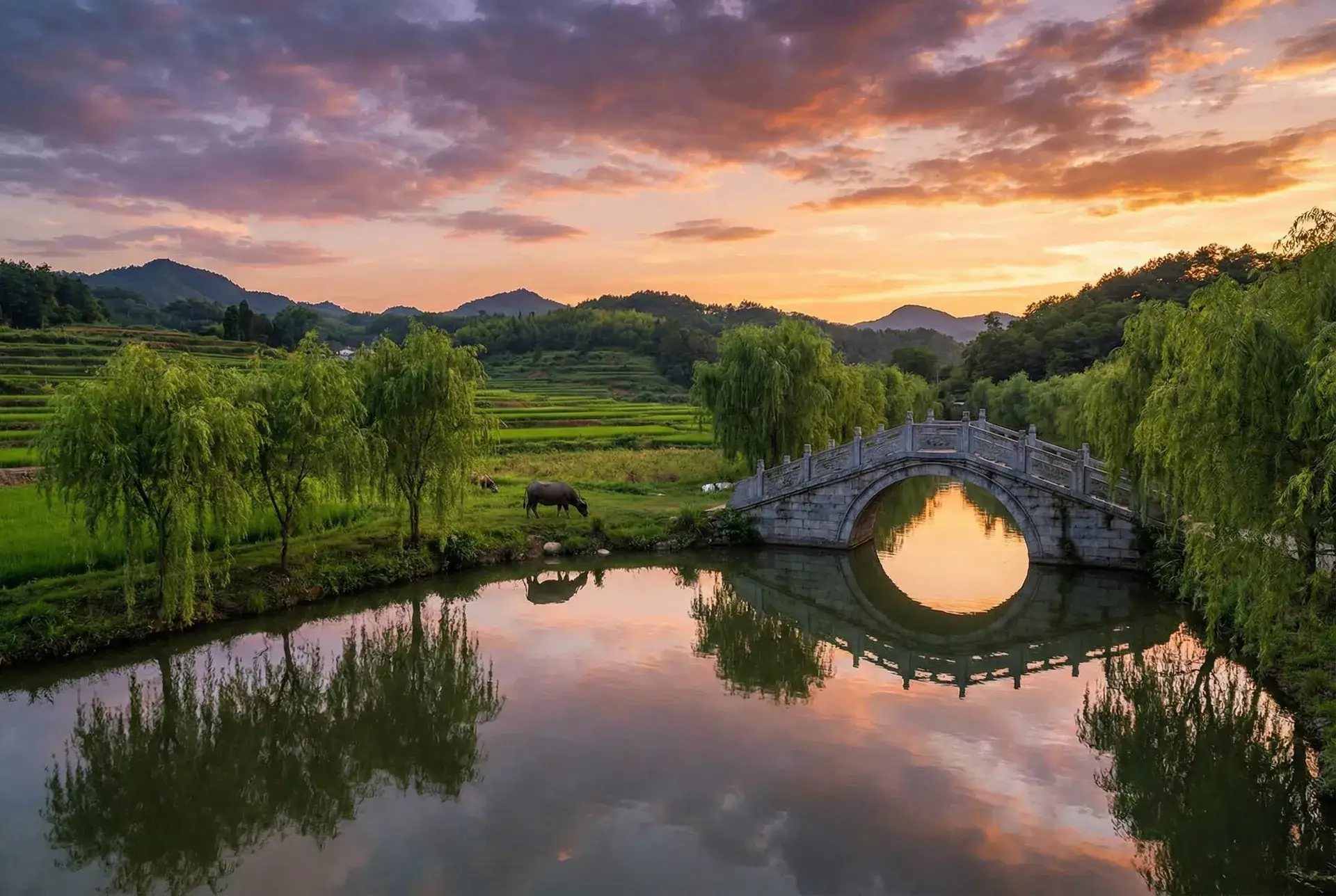 夕阳下的石拱桥与垂柳，水牛在河边吃草 - 绝对控制(新版)学生时代最新章节 乡村美景